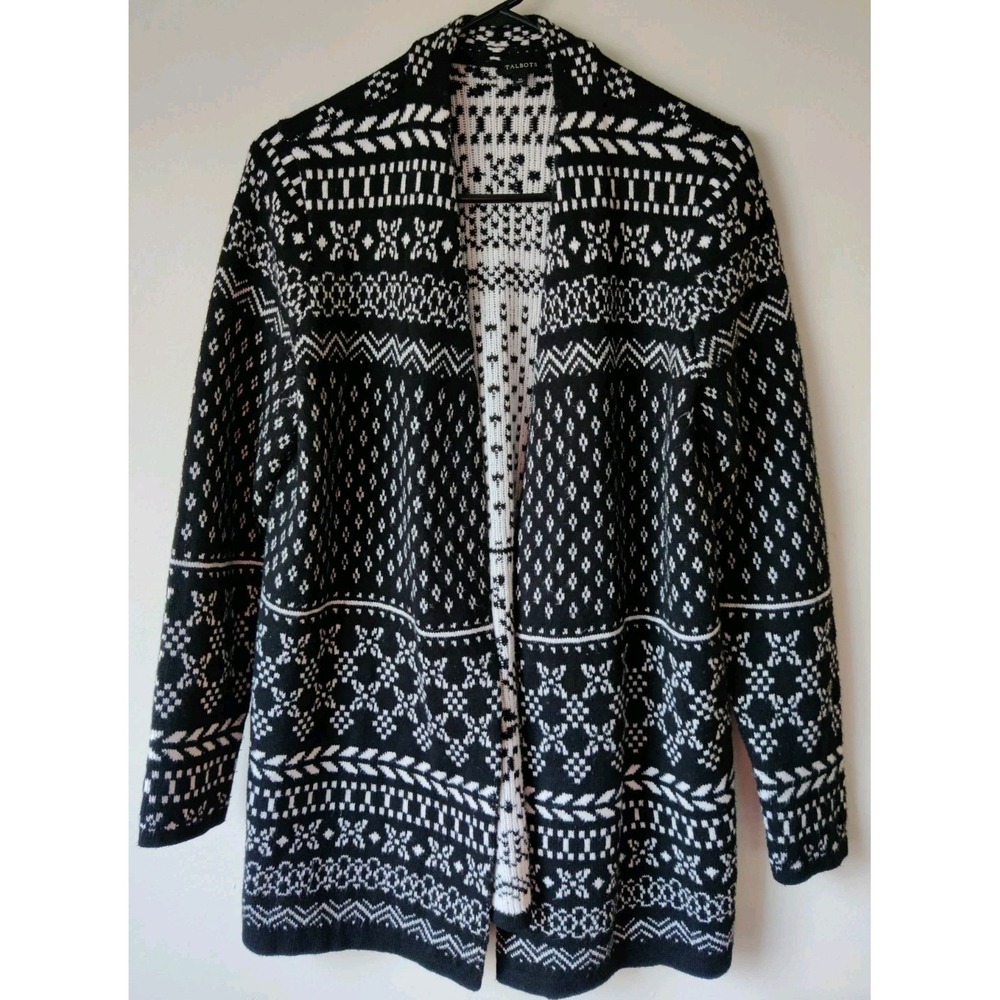 Talbots Women's Open Front Fair‎ Isle Cardigan Black/White Cotton-Blend Size M